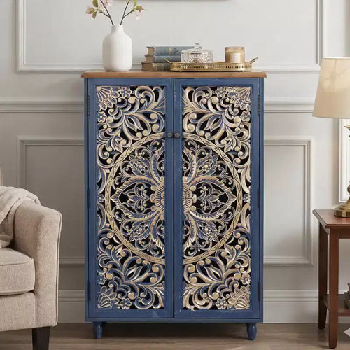Bekrvio Armadio pensile alto con ante in pino intagliato 3D, finitura oro anticato, ripiani regolabili, mobile da cucina a buffet in stile Boho Farmhouse, blu