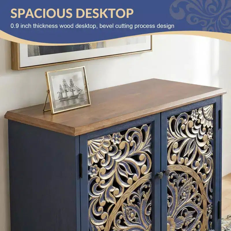 Bekrvio Armadio pensile alto con ante in pino intagliato 3D, finitura oro anticato, ripiani regolabili, mobile da cucina a buffet in stile Boho Farmhouse, blu