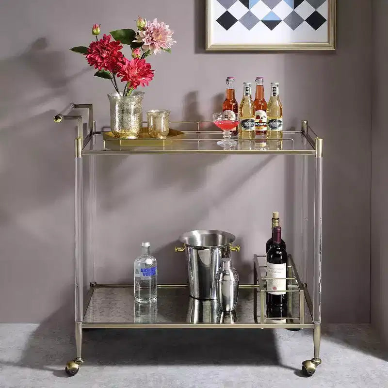 Carrello di servizio da bar antico in specchio e ottone con fili metallici, 1 persona