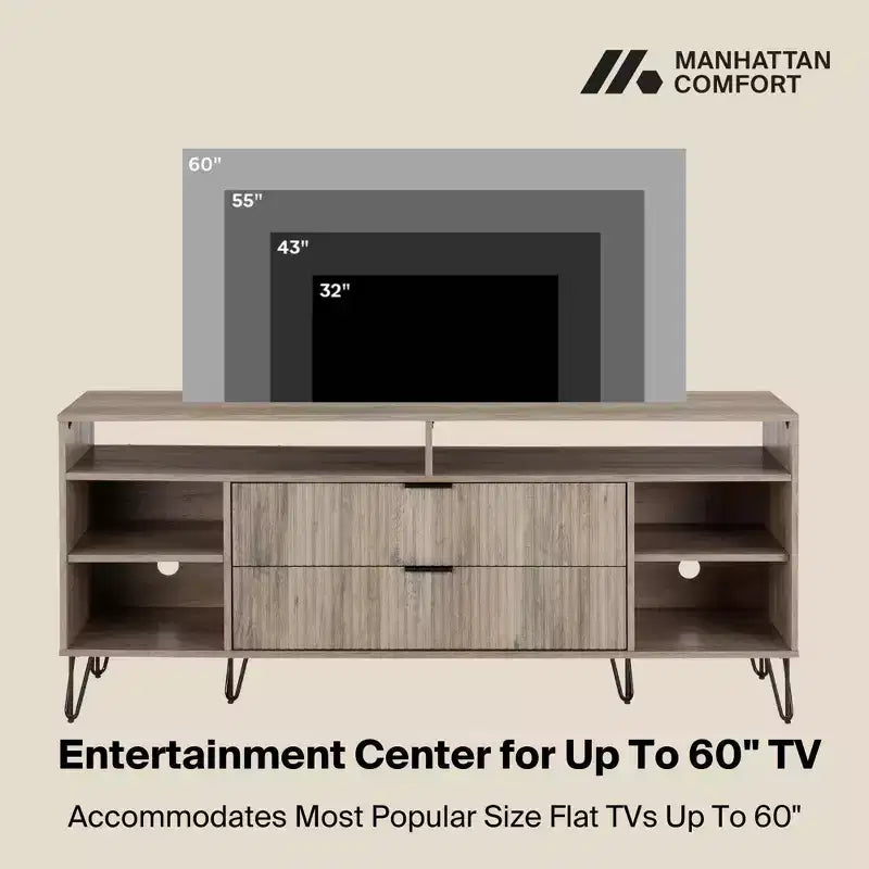 Mobile TV da 63" per TV fino a 60", Grigio Rustico, Stile Moderno di Metà Secolo