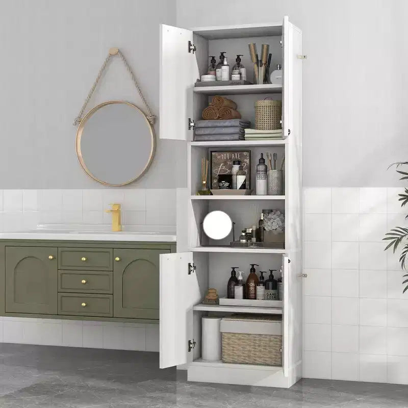 Armadietto da bagno indipendente da 75" con 4 ante e 2 ripiani aperti – Nero / Quercia Bianca / Bianco