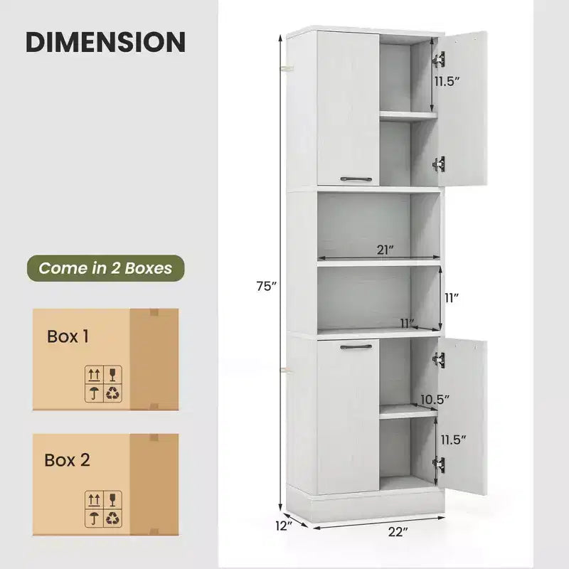 Armadietto da bagno indipendente da 75" con 4 ante e 2 ripiani aperti – Nero / Quercia Bianca / Bianco