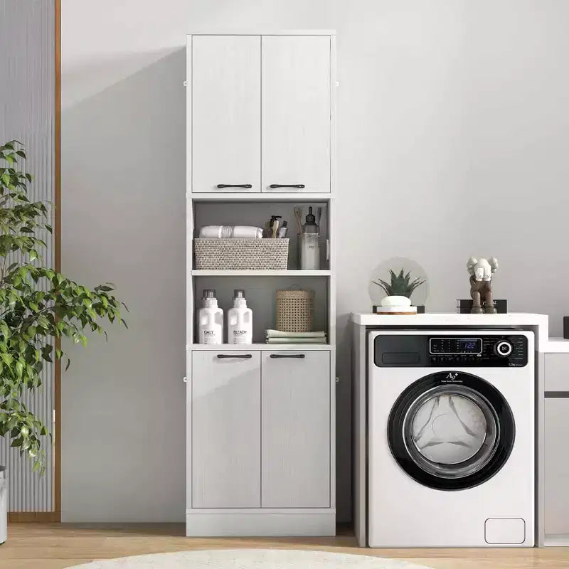 Armadietto da bagno indipendente da 75" con 4 ante e 2 ripiani aperti – Nero / Quercia Bianca / Bianco