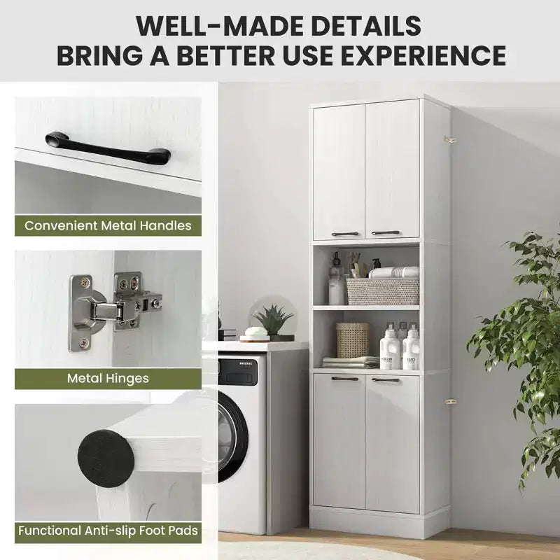 Armadietto da bagno indipendente da 75" con 4 ante e 2 ripiani aperti – Nero / Quercia Bianca / Bianco