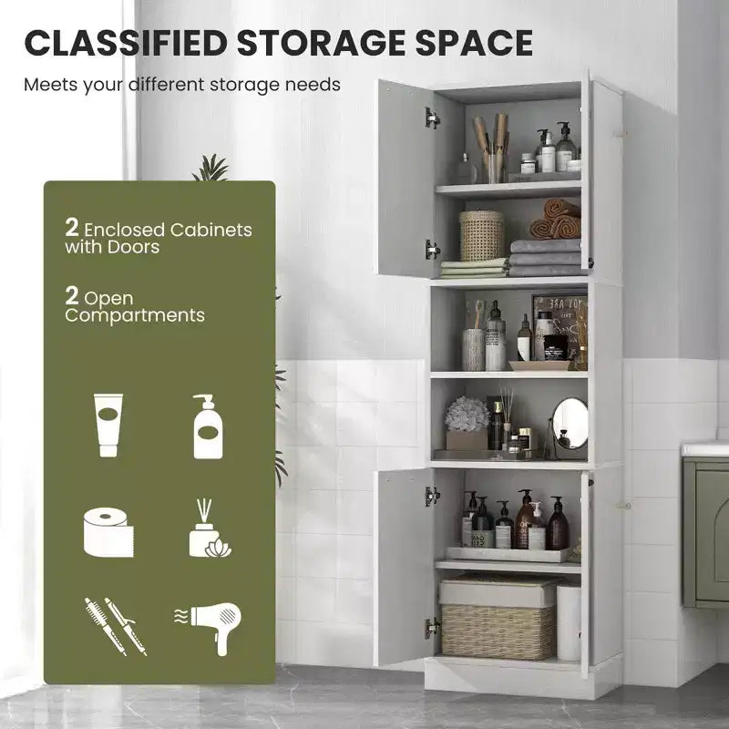Armadietto da bagno indipendente da 75" con 4 ante e 2 ripiani aperti – Nero / Quercia Bianca / Bianco