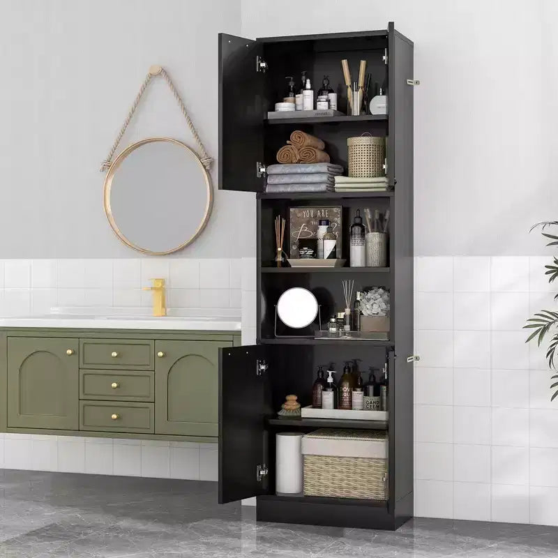 Armadietto da bagno indipendente da 75" con 4 ante e 2 ripiani aperti – Nero / Quercia Bianca / Bianco