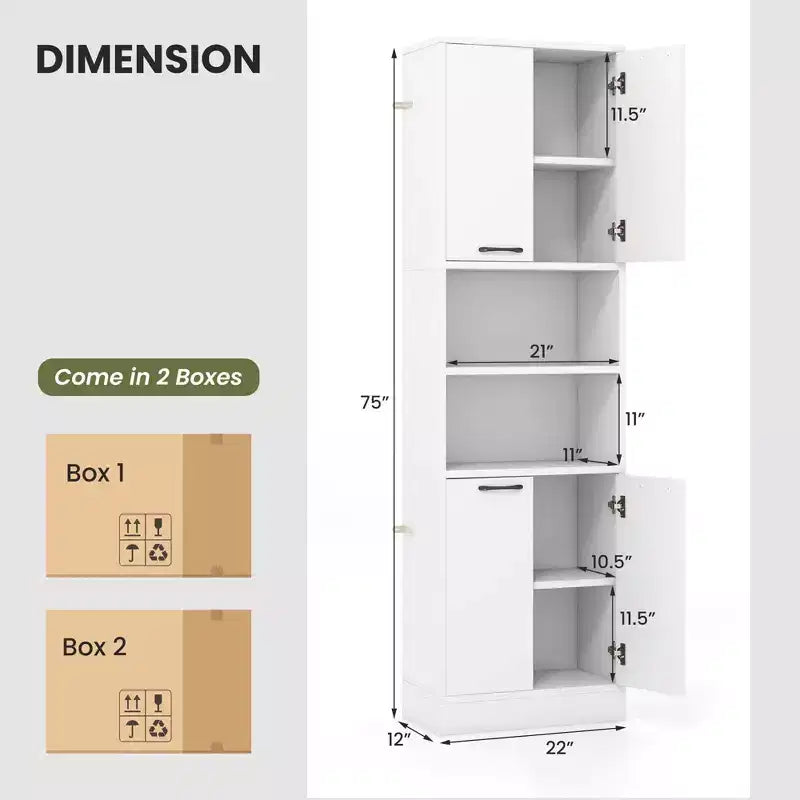 Armadietto da bagno indipendente da 75" con 4 ante e 2 ripiani aperti – Nero / Quercia Bianca / Bianco