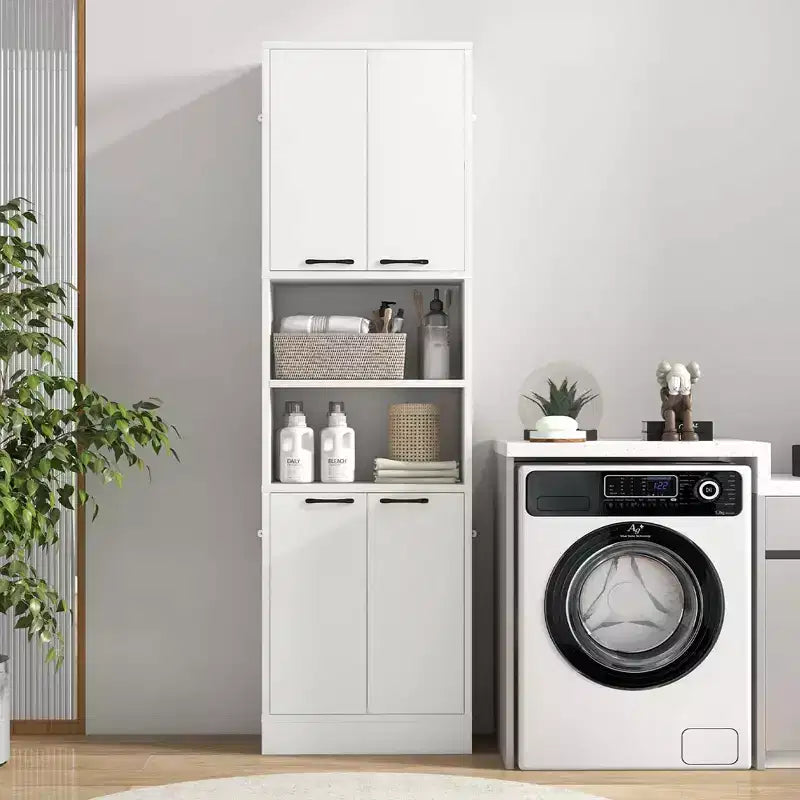 Armadietto da bagno indipendente da 75" con 4 ante e 2 ripiani aperti – Nero / Quercia Bianca / Bianco