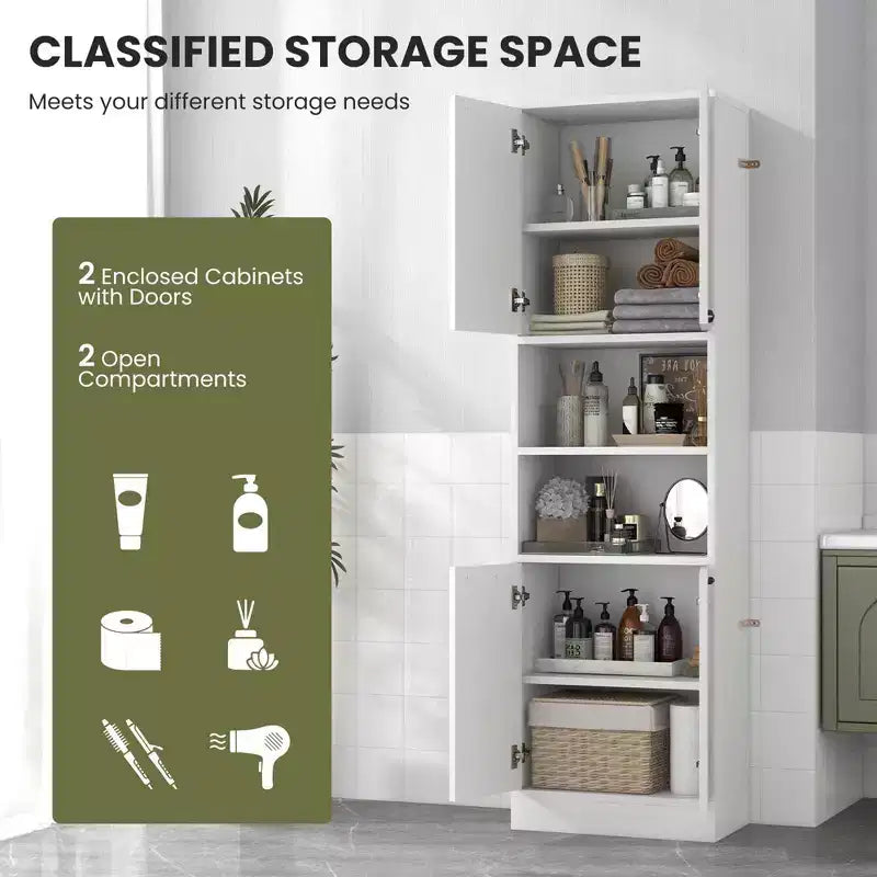 Armadietto da bagno indipendente da 75" con 4 ante e 2 ripiani aperti – Nero / Quercia Bianca / Bianco