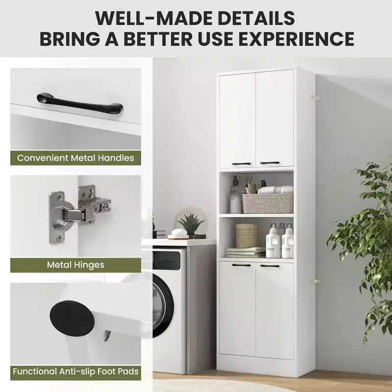 Armadietto da bagno indipendente da 75" con 4 ante e 2 ripiani aperti – Nero / Quercia Bianca / Bianco