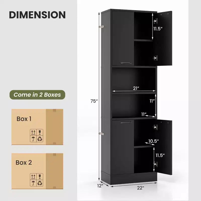 Armadietto da bagno indipendente da 75" con 4 ante e 2 ripiani aperti – Nero / Quercia Bianca / Bianco