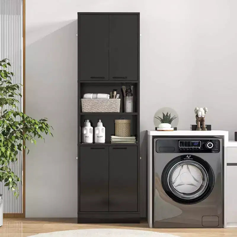 Armadietto da bagno indipendente da 75" con 4 ante e 2 ripiani aperti – Nero / Quercia Bianca / Bianco