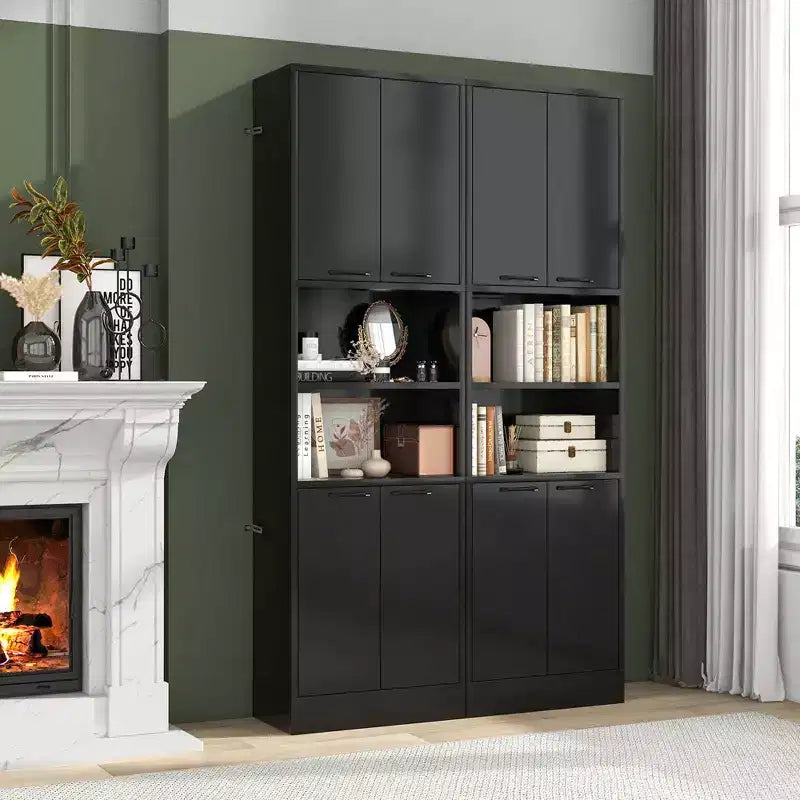 Armadietto da bagno indipendente da 75" con 4 ante e 2 ripiani aperti – Nero / Quercia Bianca / Bianco