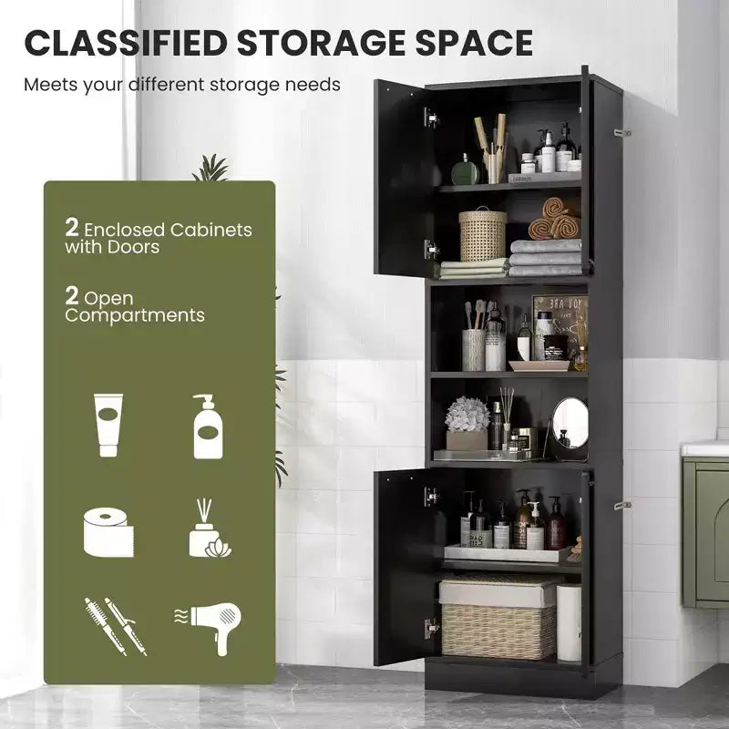 Armadietto da bagno indipendente da 75" con 4 ante e 2 ripiani aperti – Nero / Quercia Bianca / Bianco