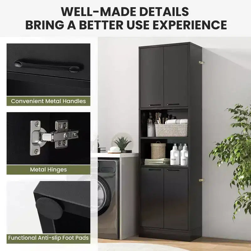 Armadietto da bagno indipendente da 75" con 4 ante e 2 ripiani aperti – Nero / Quercia Bianca / Bianco