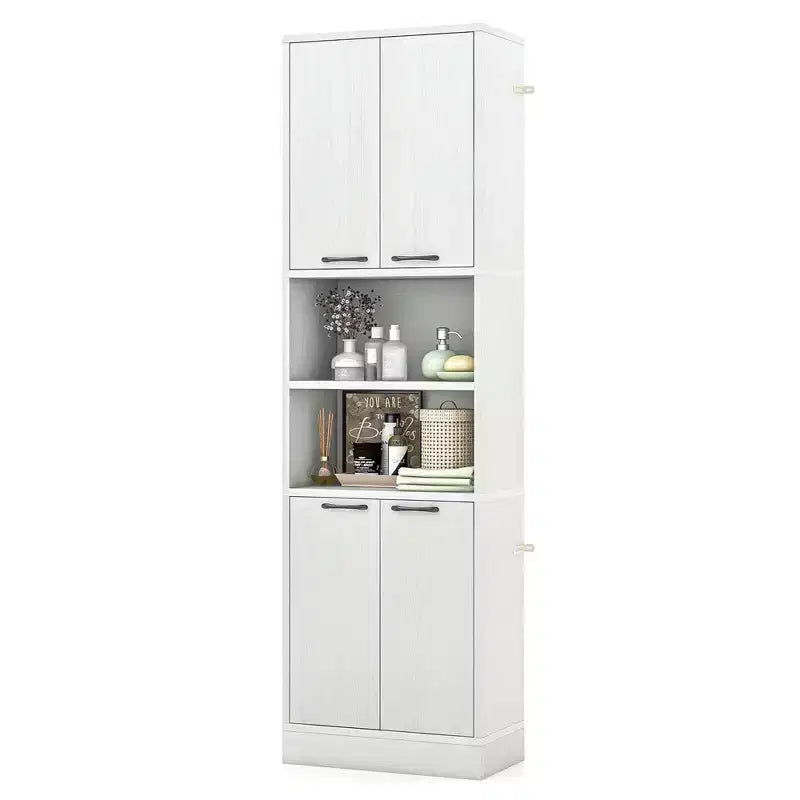 Armadietto da bagno indipendente da 75" con 4 ante e 2 ripiani aperti – Nero / Quercia Bianca / Bianco