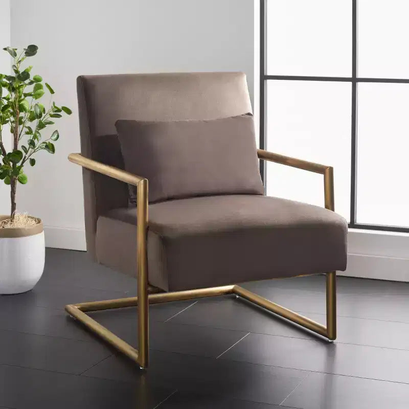 Poltrona di design in velluto tortora scuro, struttura oro, 1 posto