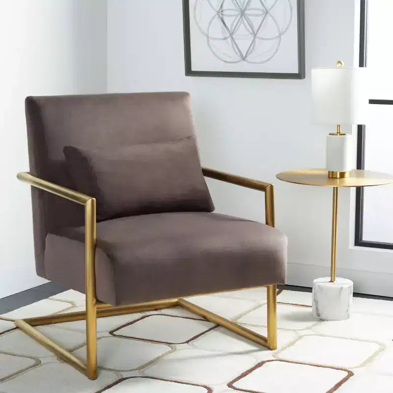 Poltrona di design in velluto tortora scuro, struttura oro, 1 posto