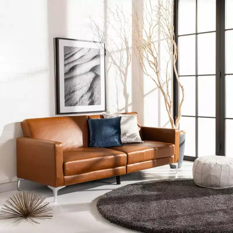 Divano letto futon pieghevole in tonalità Cipria / Cognac / Blu Notte, 2 posti