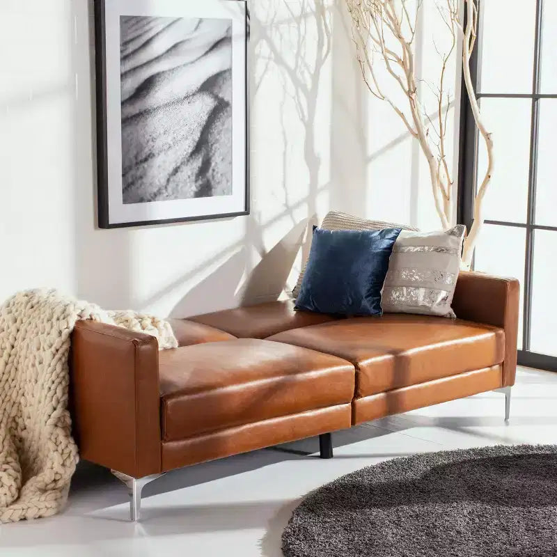 Divano letto futon pieghevole in tonalità Cipria / Cognac / Blu Notte, 2 posti