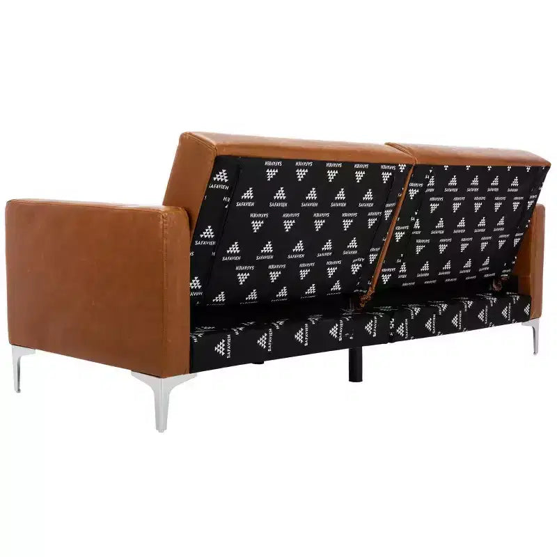 Divano letto futon pieghevole in tonalità Cipria / Cognac / Blu Notte, 2 posti