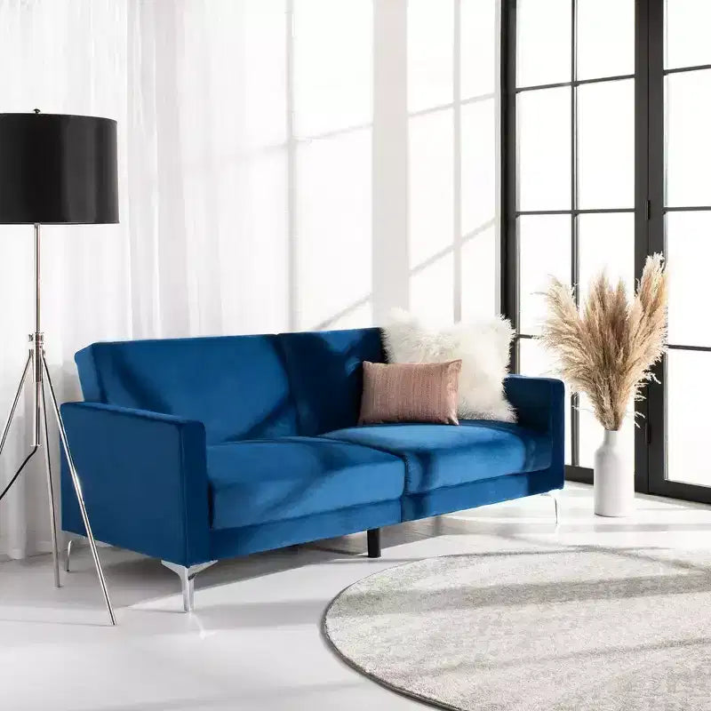 Divano letto futon pieghevole in tonalità Cipria / Cognac / Blu Notte, 2 posti