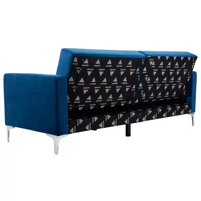 Divano letto futon pieghevole in tonalità Cipria / Cognac / Blu Notte, 2 posti