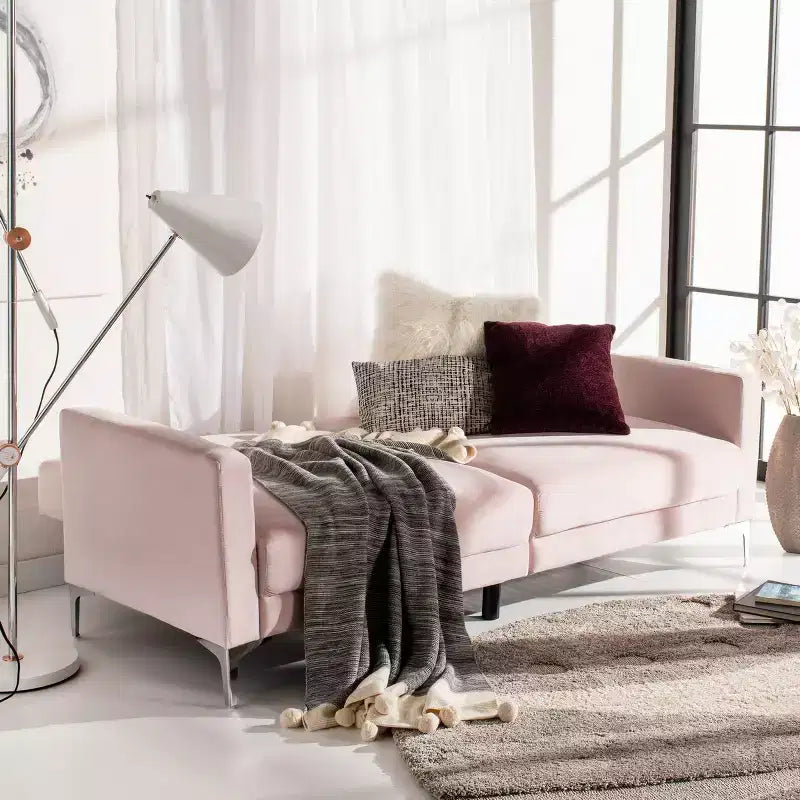Divano letto futon pieghevole in tonalità Cipria / Cognac / Blu Notte, 2 posti
