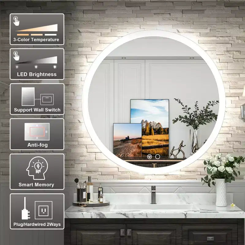 Specchio da bagno da parete rotondo a LED Keonjinn, 3 temperature di colore dimmerabili, anti-appannamento