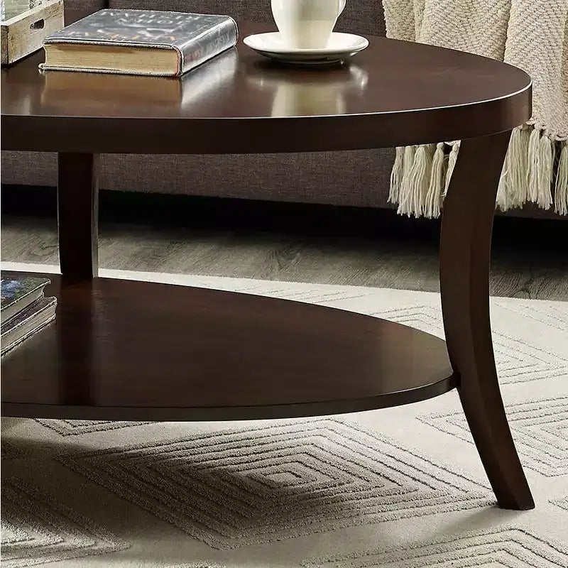 Tavolino da Caffè Ovale Marrone Espresso con Ripiano Inferiore, Base a 4 Gambe