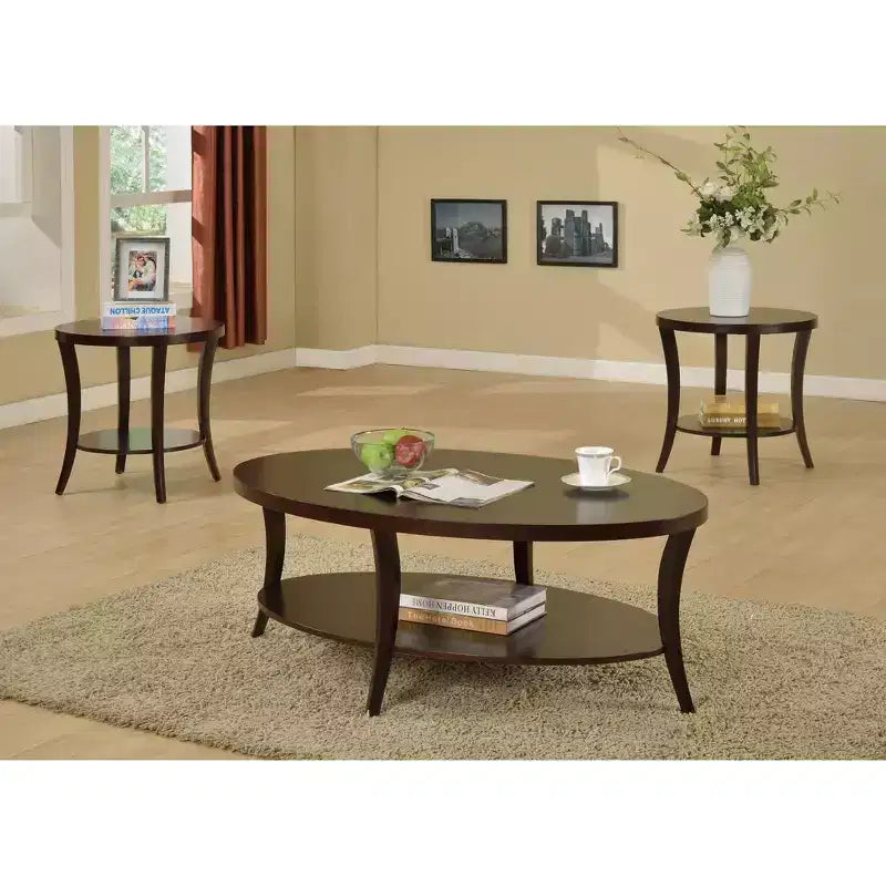 Tavolino da Caffè Ovale Marrone Espresso con Ripiano Inferiore, Base a 4 Gambe
