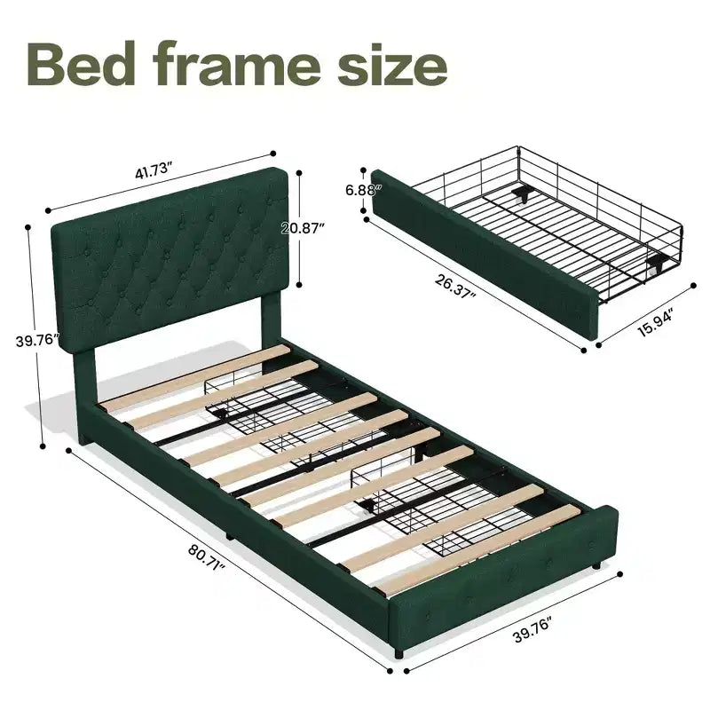 Struttura Letto Imbottita con 4 Cassetti e Testiera – Nero/Grigio/Verde/Bianco, Singolo/Piazza e Mezza/Matrimoniale/King