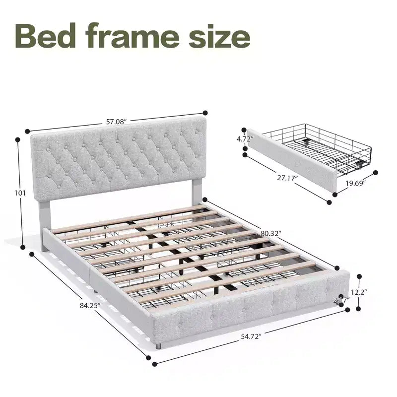 Struttura Letto Imbottita con 4 Cassetti e Testiera – Nero/Grigio/Verde/Bianco, Singolo/Piazza e Mezza/Matrimoniale/King