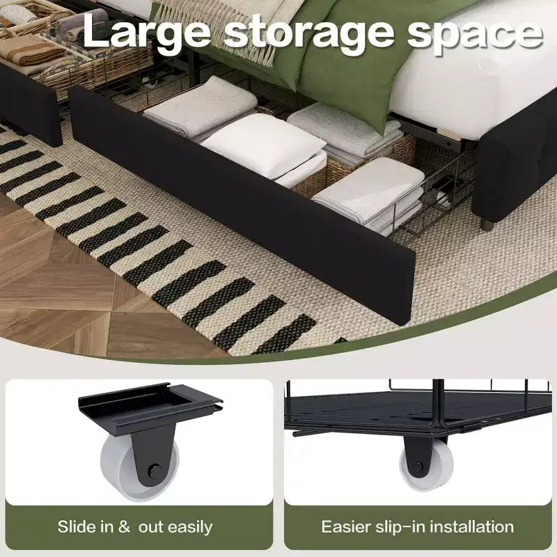 Struttura Letto Imbottita con 4 Cassetti e Testiera – Nero/Grigio/Verde/Bianco, Singolo/Piazza e Mezza/Matrimoniale/King