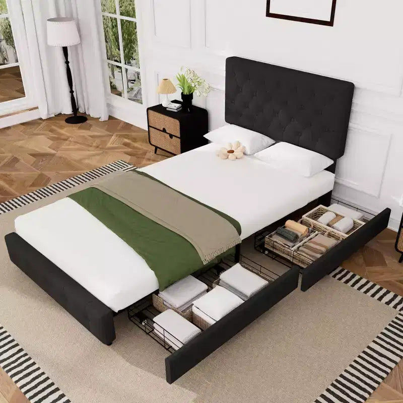 Struttura Letto Imbottita con 4 Cassetti e Testiera – Nero/Grigio/Verde/Bianco, Singolo/Piazza e Mezza/Matrimoniale/King