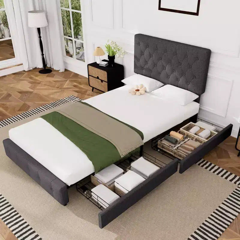 Struttura Letto Imbottita con 4 Cassetti e Testiera – Nero/Grigio/Verde/Bianco, Singolo/Piazza e Mezza/Matrimoniale/King