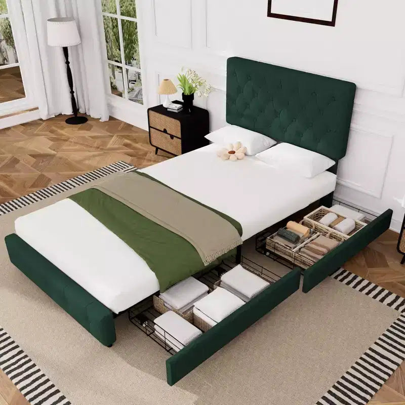 Struttura Letto Imbottita con 4 Cassetti e Testiera – Nero/Grigio/Verde/Bianco, Singolo/Piazza e Mezza/Matrimoniale/King