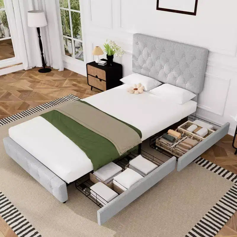Struttura Letto Imbottita con 4 Cassetti e Testiera – Nero/Grigio/Verde/Bianco, Singolo/Piazza e Mezza/Matrimoniale/King