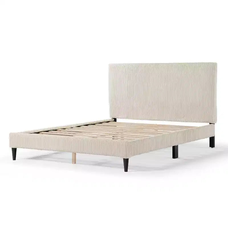 Letto a piattaforma Queen miBasics Beckman imbottito in velluto a coste con fodera rimovibile