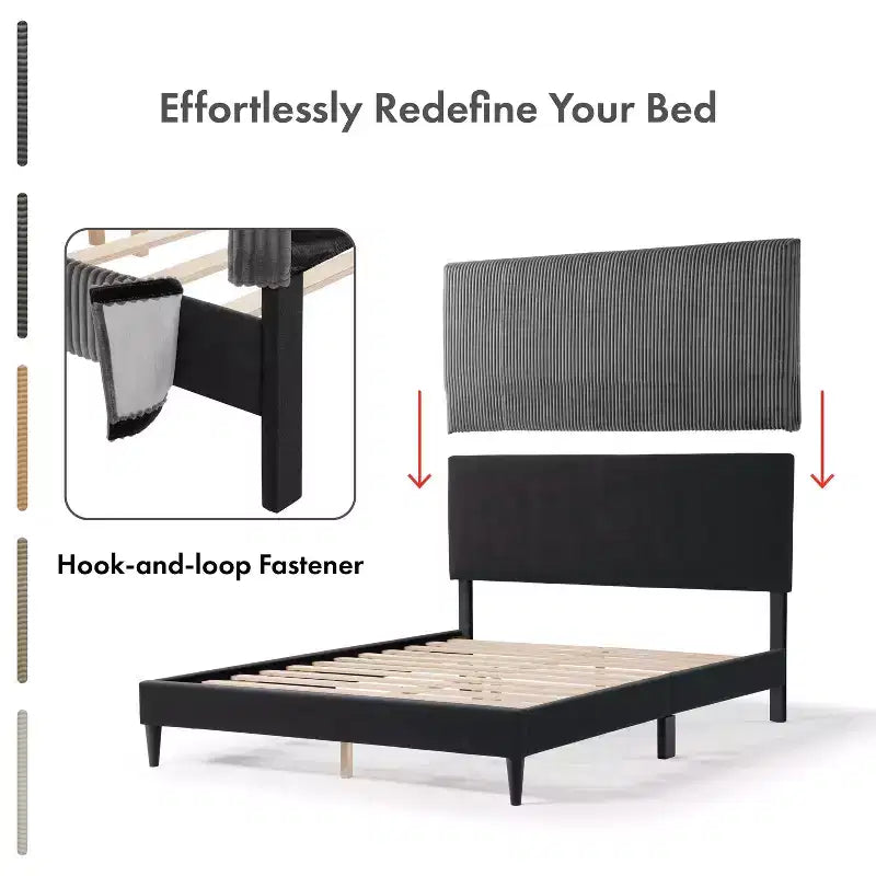 Letto a piattaforma Queen miBasics Beckman imbottito in velluto a coste con fodera rimovibile