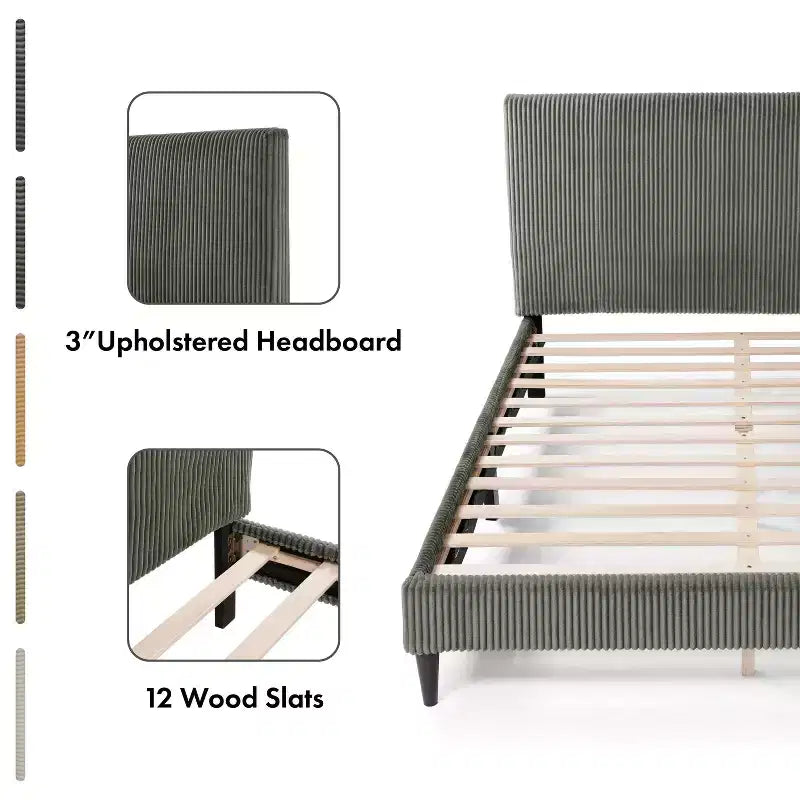 Letto a piattaforma Queen miBasics Beckman imbottito in velluto a coste con fodera rimovibile