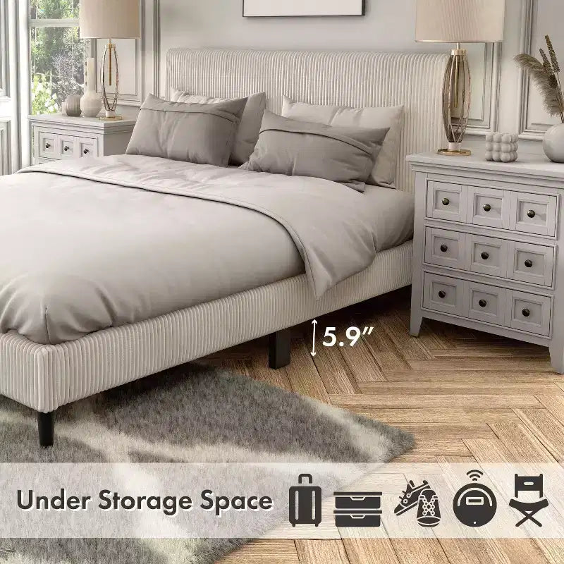 Letto a piattaforma Queen miBasics Beckman imbottito in velluto a coste con fodera rimovibile