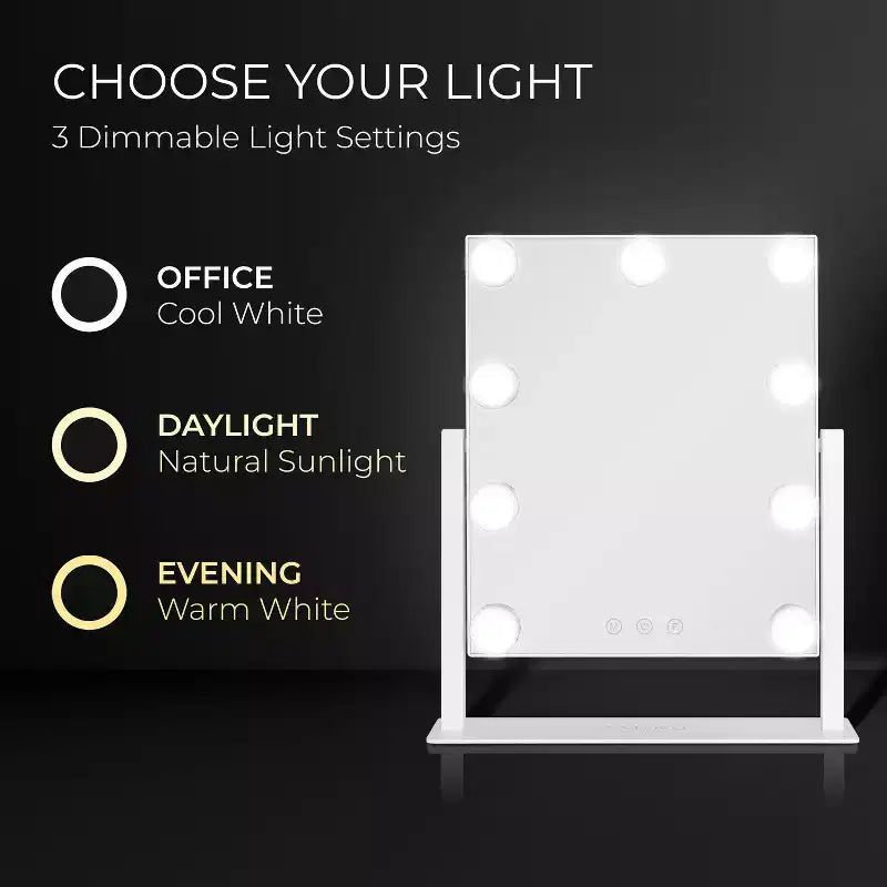 Specchio da trucco Hollywood bianco con lampadine LED, rettangolare, singolo