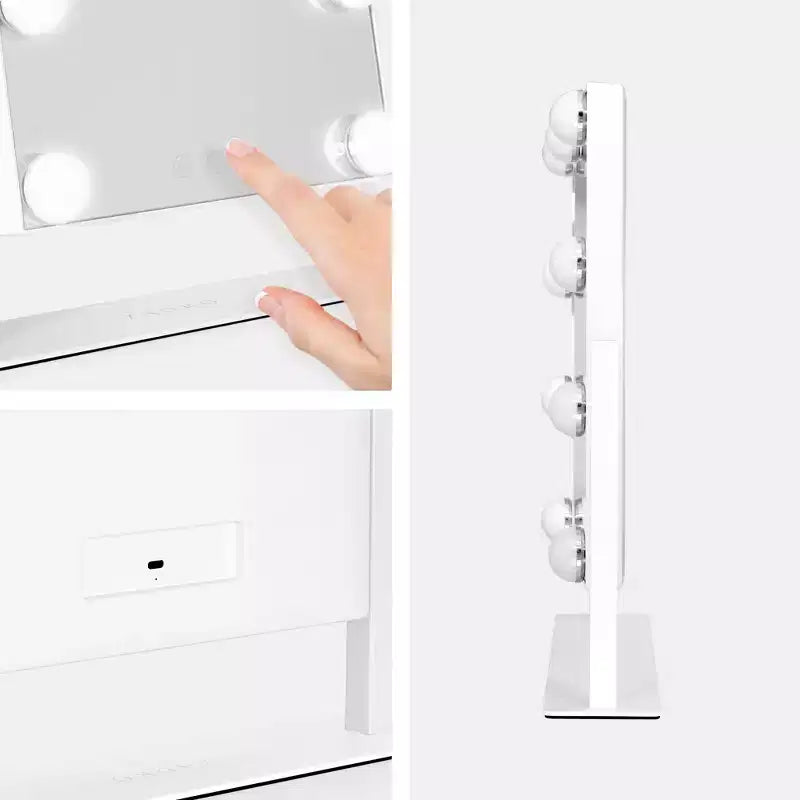 Specchio da trucco Hollywood bianco con lampadine LED, rettangolare, singolo